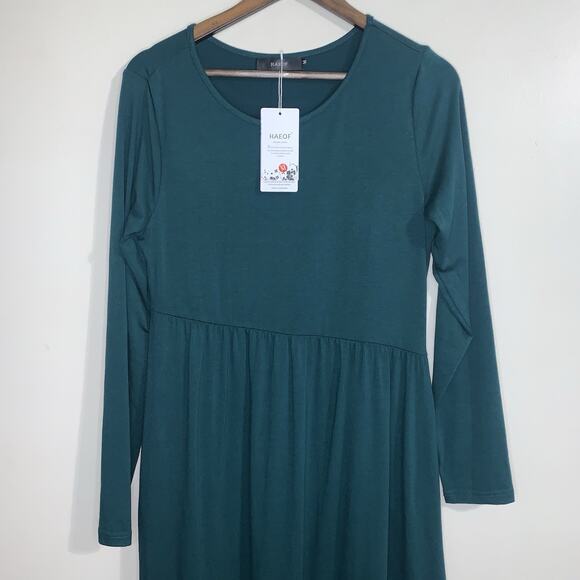 HAEOF Long Sleeve Green Stretchy Midi Women Asymmetrical A Line Dress Size M - Picture 2 of 11